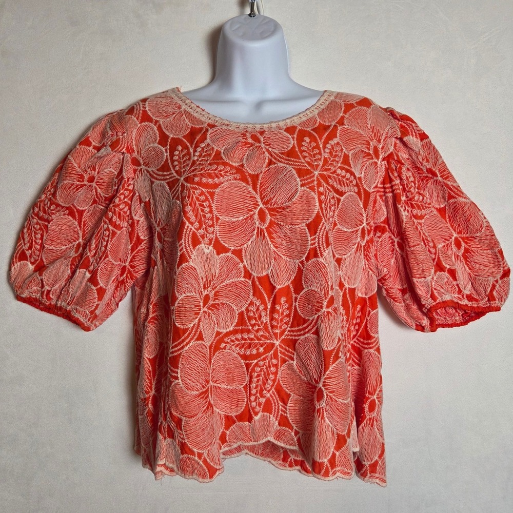 Solitaire Orange White Floral Embroidered Puff Sleeve Top M Boho Vacation Resort